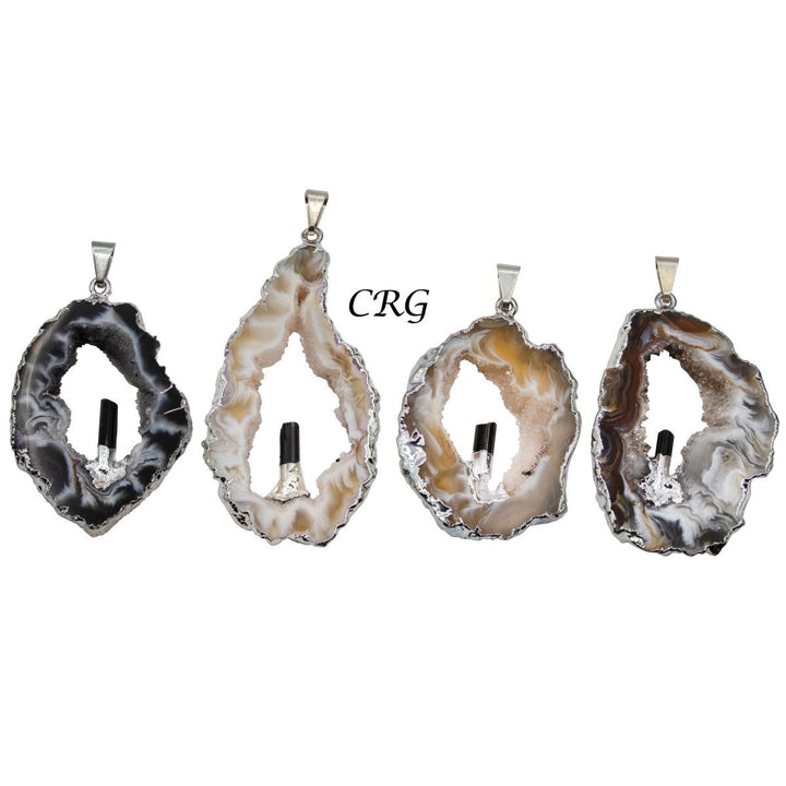 Oco Geode and Black Tourmaline Pendant with Silver Plating (1.5 To 2 Inches) (4 Pieces)Crystal River Gems