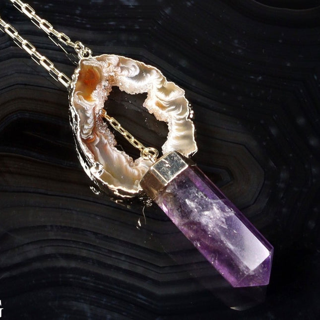 Oco Geode Necklace with Amethyst Point and Gold Plating (1 Piece) Size 24 Inches Crystal Jewelry - Crystal River Gems