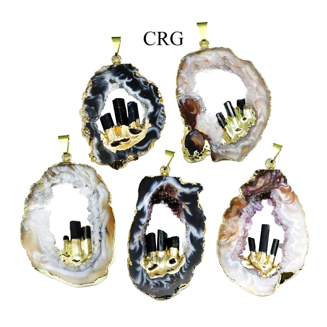 Oco Geode Slice Pendant with 3 Black Tourmaline Rods and Gold - Plating (4 Pieces) Size 1.5 to 3 Inches Crystal Jewelry CharmCrystal River Gems