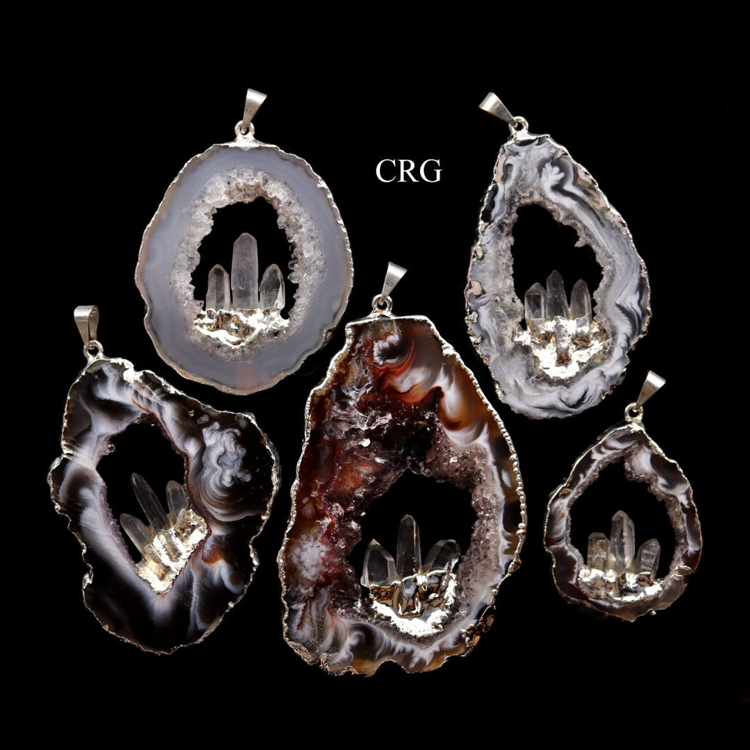 Oco Geode Slice Pendant with 3 Quartz Points and Silver Plating (4 Pieces) Size 1.5 to 3 Inches Crystal Jewelry CharmCrystal River Gems