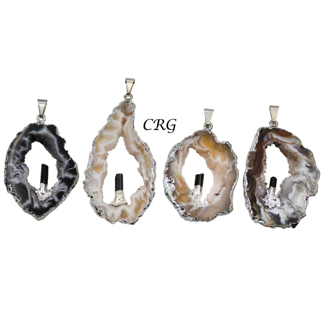 Oco Geode Slice Pendant with Black Tourmaline Rod and Silver Plating (4 Pieces) Size 1 to 2 Inches Crystal Jewelry Charm