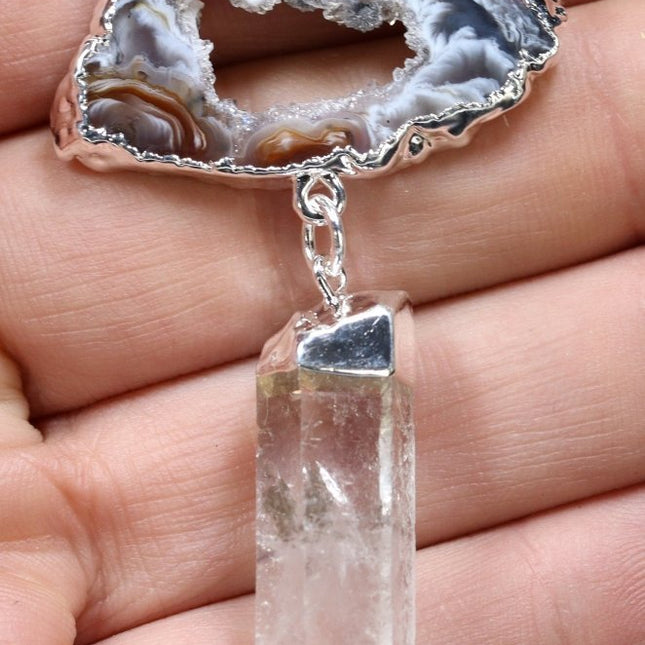 Oco Geode Slice Pendant with Crystal Quartz Point (3.5 Inches) (1 Pc) Silver-Plated Clear Gemstone Jewelry Charm - Crystal River Gems