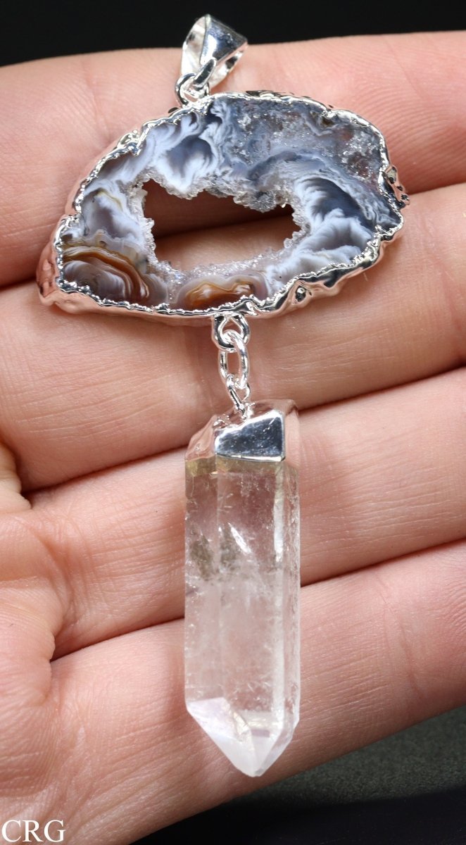 Oco Geode Slice Pendant with Crystal Quartz Point (3.5 Inches) (1 Pc) Silver-Plated Clear Gemstone Jewelry Charm