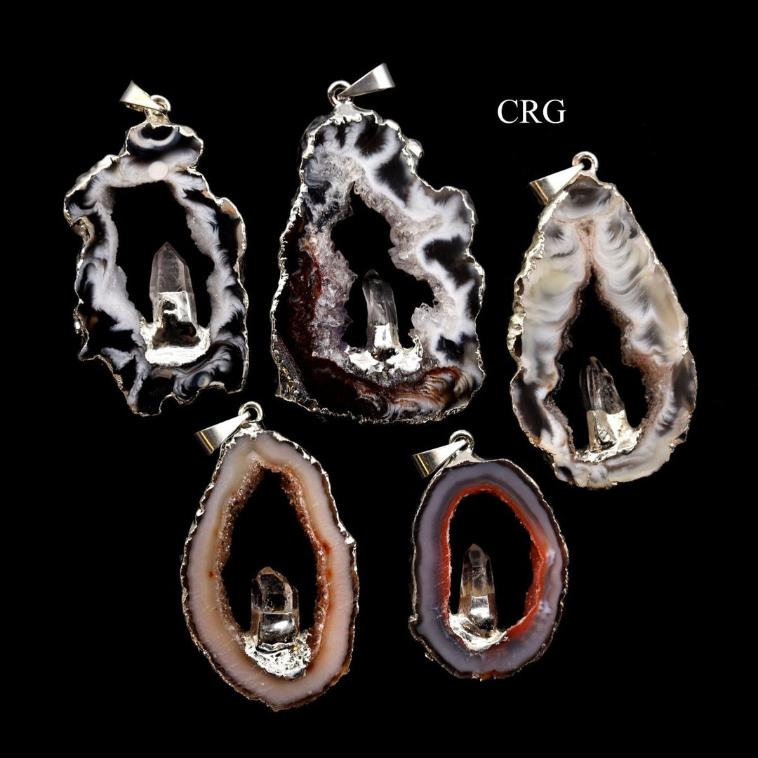 Oco Geode Slice Pendant with Quartz Point and Silver Plating (4 Pieces) Size 1 to 2 Inches Crystal Jewelry Charm