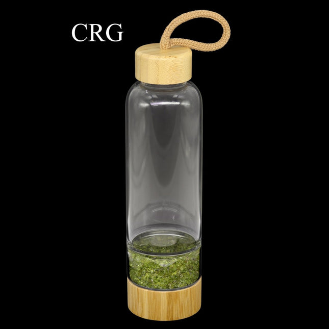 Peridot Gemstone Bamboo Glass Water Bottle (1 Piece) Size 12 Inches with Black Protective Sleeve - Crystal River Gems