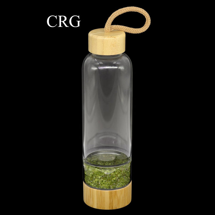 Peridot Gemstone Bamboo Glass Water Bottle (1 Piece) Size 12 Inches with Black Protective Sleeve