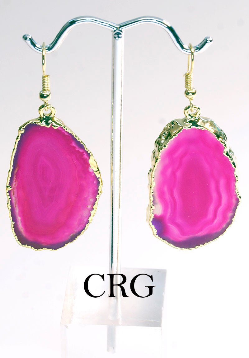 Pink Agate Slice Earrings with Gold Plating (2 Pieces) Size 1 to 2 Inches Crystal Jewelry