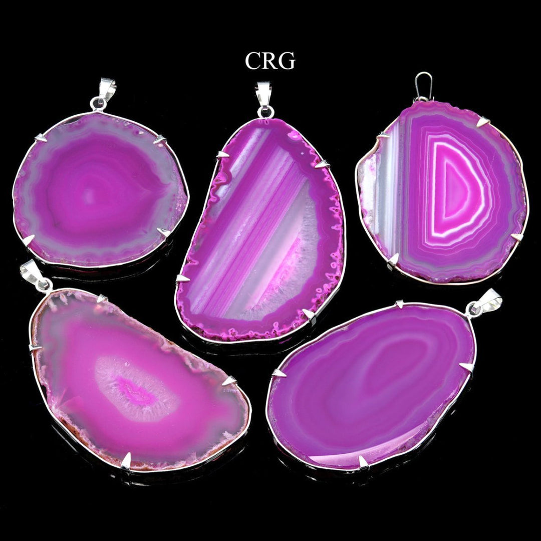 Pink Agate Slice Pendant with Silver-Plated Prong Setting (4 Pieces) Size 1 to 2 Inches Crystal Jewelry Charm