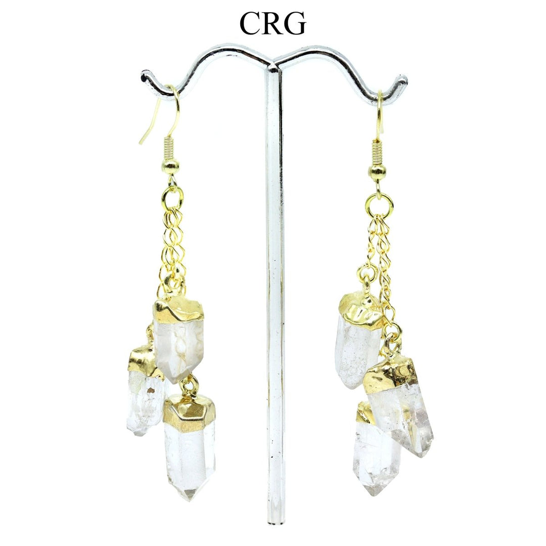 QTY 1 - 3-Point Quartz Dangle Earrings with Gold Plating / 1-2" AVG