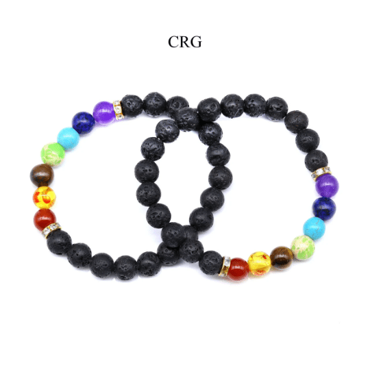 QTY 1 - 7 Stone and Lava Stone Tumbled Bead Stretch Bracelet - Crystal River Gems