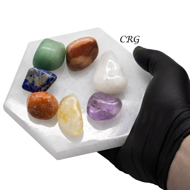QTY 1 - 7 Stone Tumbled Set with Selenite Hexagon Plate - Crystal River Gems