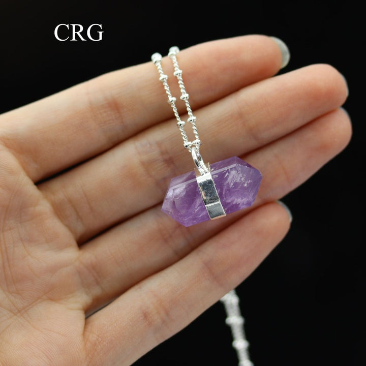 QTY 1 - Amethyst Double Terminated Point Necklace with Silver Plating / 18"