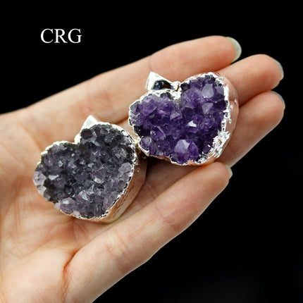 QTY 1 - Amethyst Druzy Heart Pendant with Silver Plating / 1" AVG - Crystal River Gems