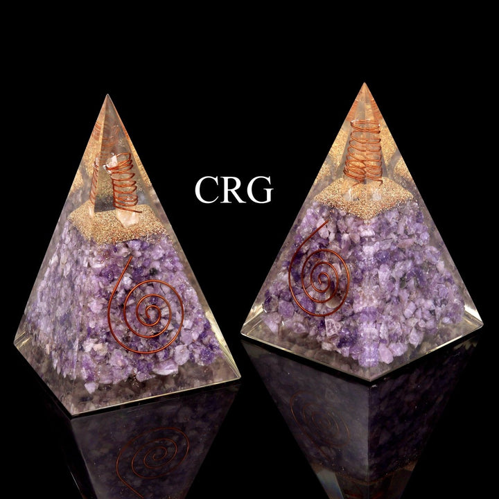 QTY 1 - Amethyst Orgonite Pyramid w/ Copper / 5" Tall AVG