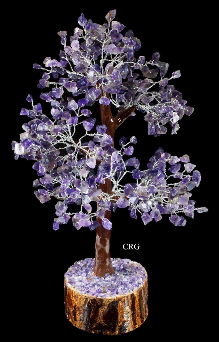 QTY 1 - Amethyst Tree On Wood Base w/ Silver Wire / 12" AvgCrystal River Gems