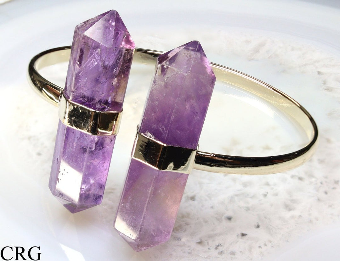 QTY 1 - Bi - terminated Amethyst Cuff Bracelet / Gold PlatedCrystal River Gems