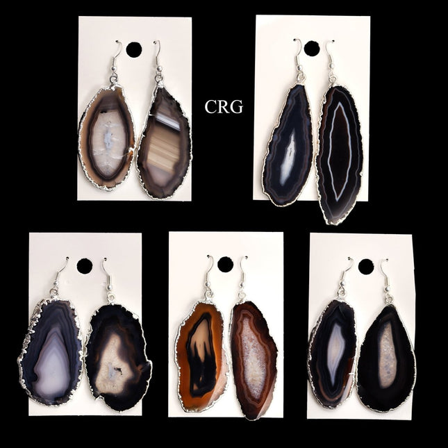 QTY 1 - Black Agate Slice Earrings with Silver Plating / 1-2" AVG - Crystal River Gems