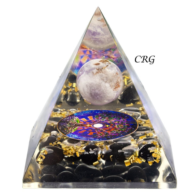 QTY 1 - Black Obsidian Orgonite Pyramid with Amethyst Sphere / 3-4" AVG - Crystal River Gems