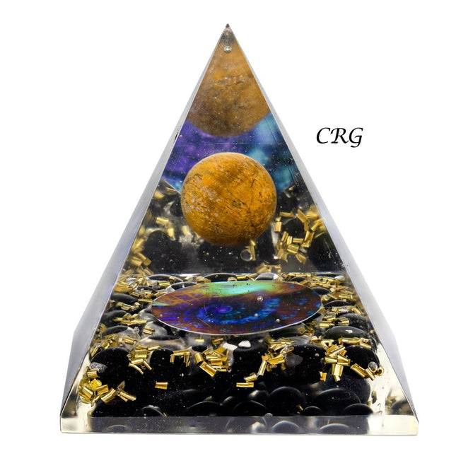 QTY 1 - Black Obsidian Orgonite Pyramid with Tiger's Eye Sphere / 3-4" AVG - Crystal River Gems