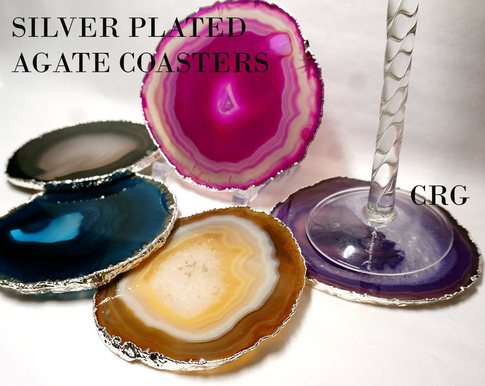 QTY 1 - Black Silver Plated Agate Coaster / #4 / 4 - 4.5"Crystal River Gems