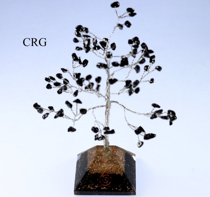QTY 1 - Black Tourmaline 100 Chip Tree with Orgonite Pyramid Base / 7.5" AVGCrystal River Gems
