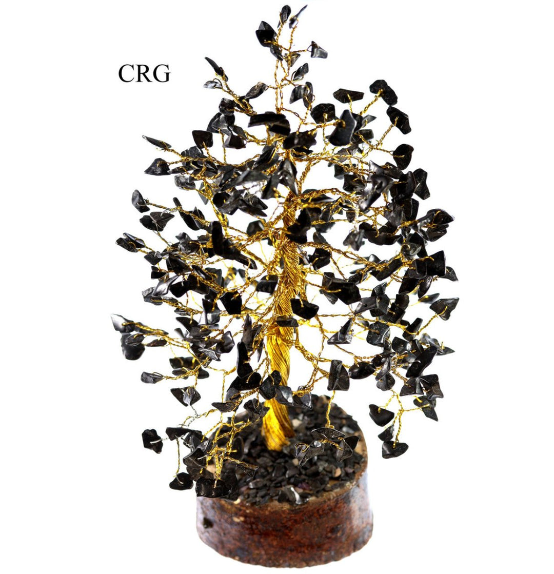 QTY 1 -- Black Tourmaline 300 Gem Tree with Wood Base and Gold Wire / 9" AVG