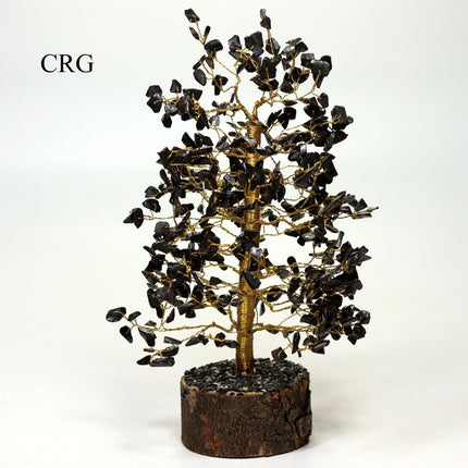 QTY 1 - Black Tourmaline 500 Gem Tree with Wood Base and Gold Wire / 12-13" AVG