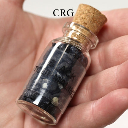 QTY 1 - Black Tourmaline Gemstone Chip Bottle / 3" AVG