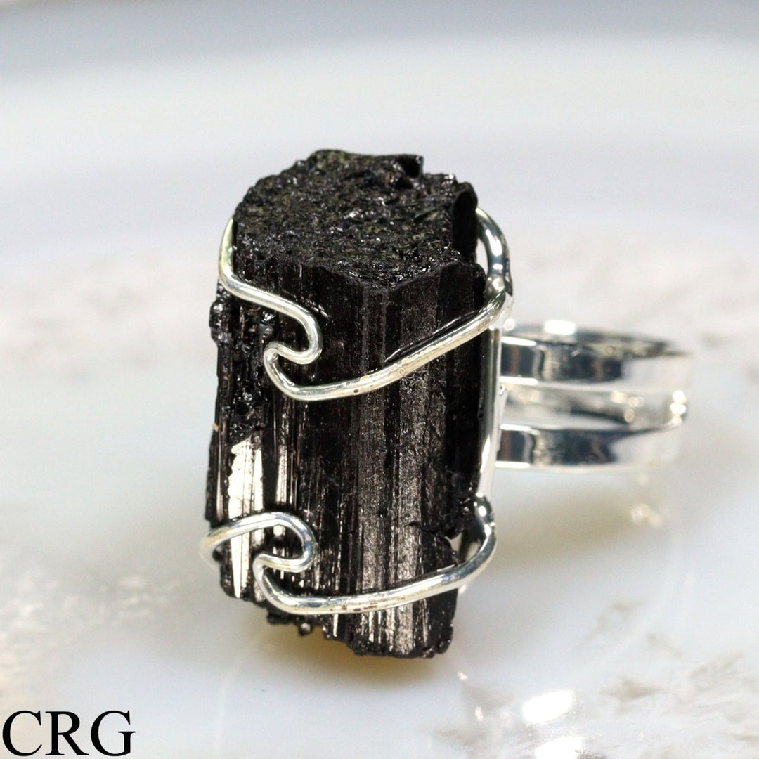 QTY 1 - Black Tourmaline Wire Wrapped Adjustable RingCrystal River Gems