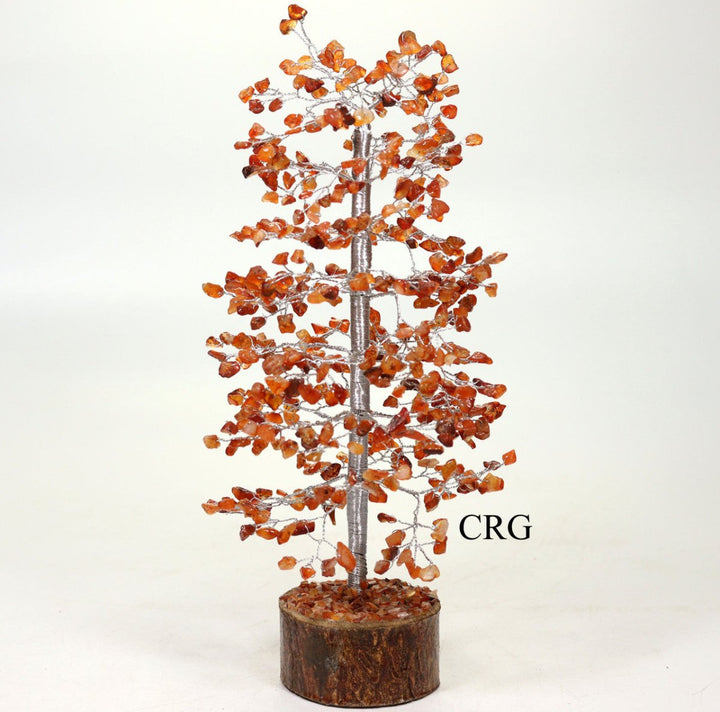 QTY 1 - Carnelian 500 Gem Tree with Wood Base and Silver Wire / 12-13" AVG
