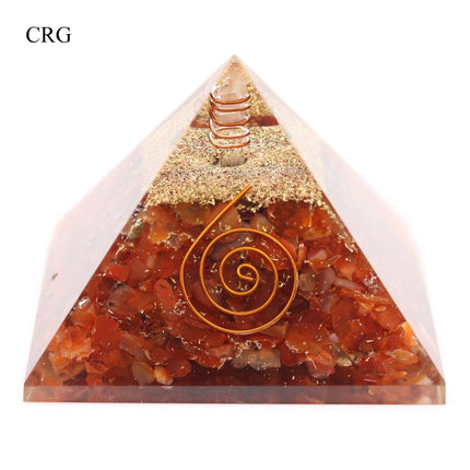 QTY 1 - Carnelian Chip Orgonite Pyramid with Copper / 3" AVG