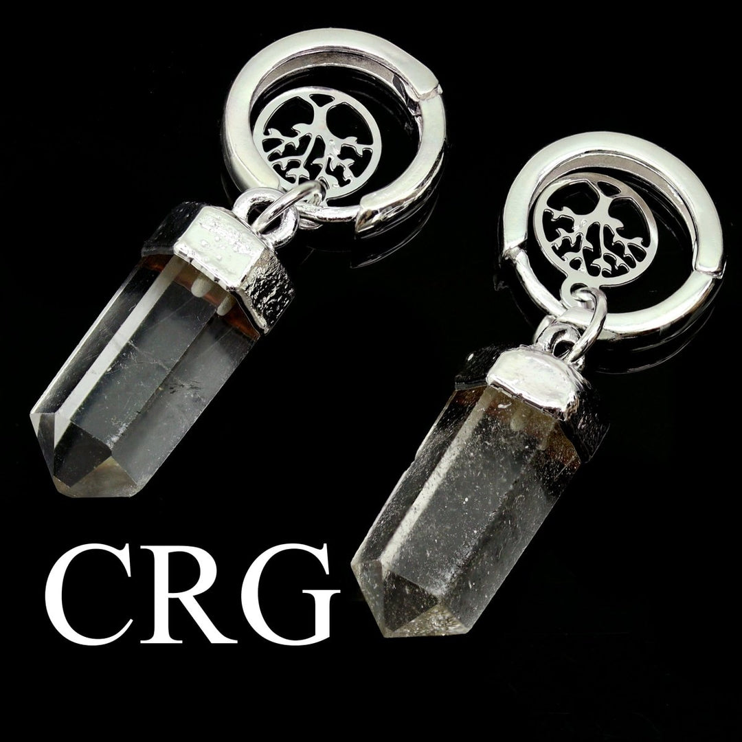 QTY 1 - Clear Quartz Point Earrings with Tree of Life Charm and Silver Plating / 1.25" AVGCrystal River Gems