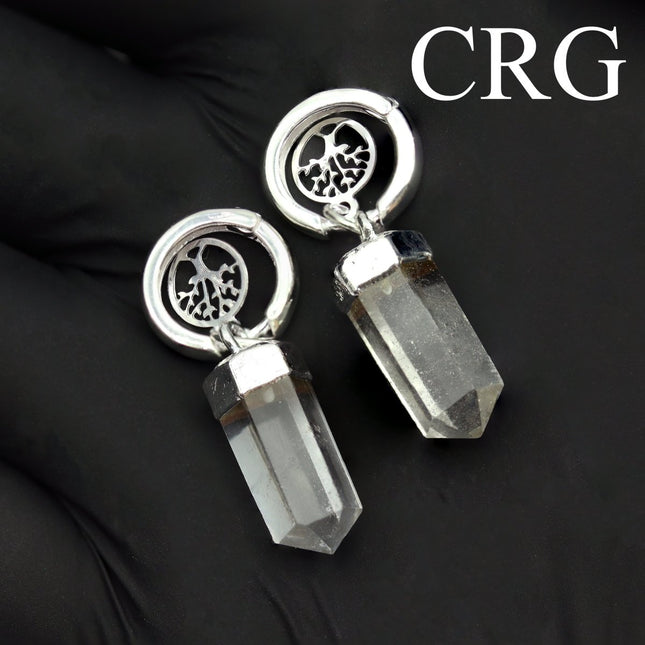 QTY 1 - Clear Quartz Point Earrings with Tree of Life Charm and Silver Plating / 1.25" AVG - Crystal River Gems