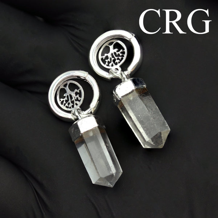 QTY 1 - Clear Quartz Point Earrings with Tree of Life Charm and Silver Plating / 1.25" AVGCrystal River Gems