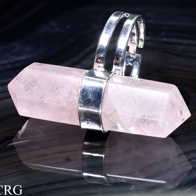 QTY 1 - Double Terminated Rose Quartz Adjustable Silver Plated Ring / 1.5" AVG - Crystal River Gems