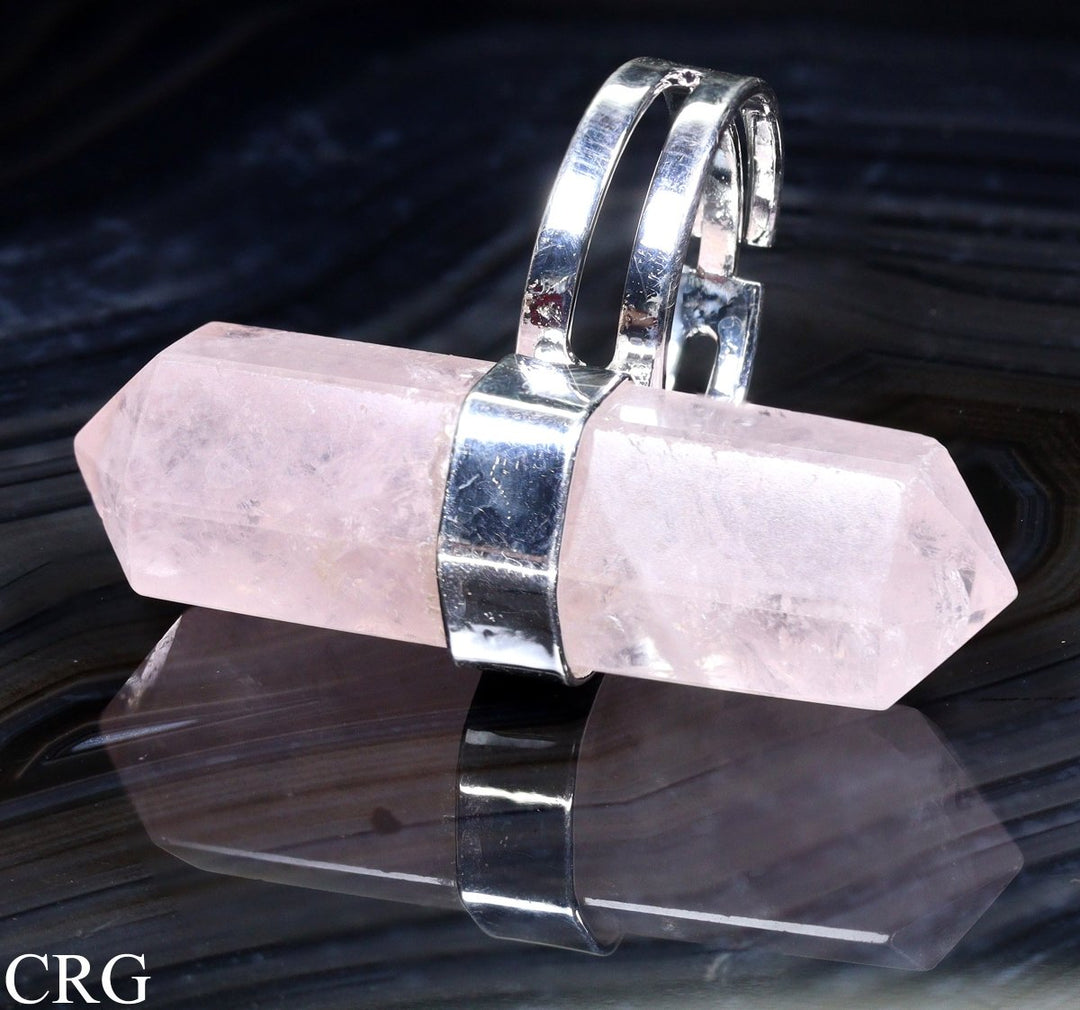Double Terminated Rose Quartz Adjustable Silver Plated Ring - 1.5" - Qty 1