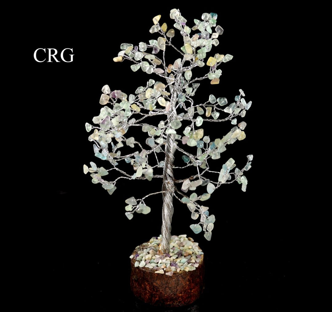 QTY 1 - Fluorite 300 Gem Tree with Wood Base and Silver Wire / 9" AVG