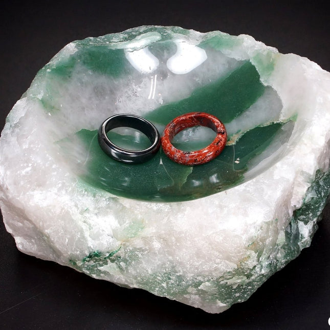 QTY 1 - Green & White Quartz Bowl / Ring Dish - Crystal River Gems