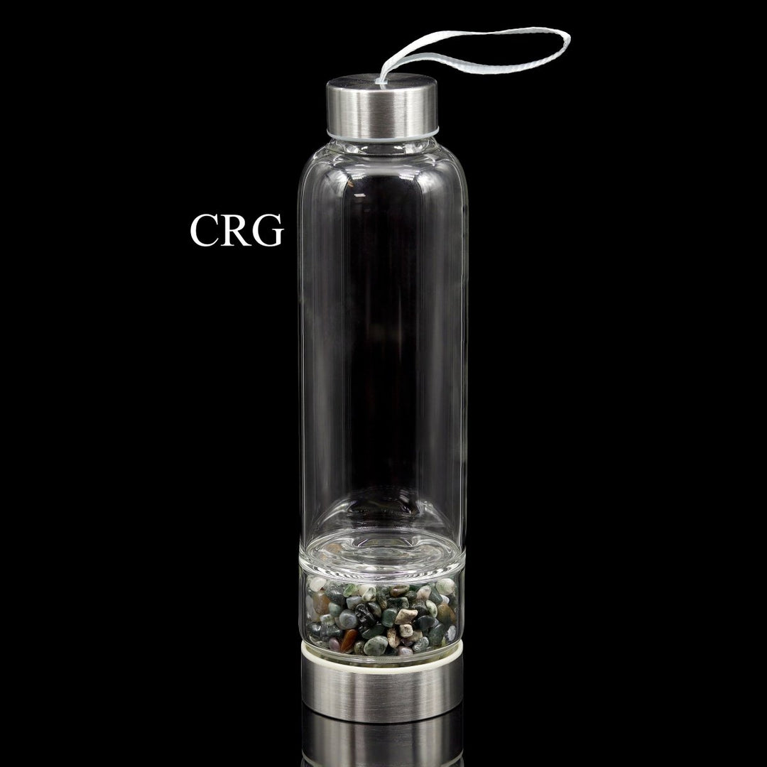 QTY 1 - Metal & Glass Water Bottle / Moss Agate Gemstones