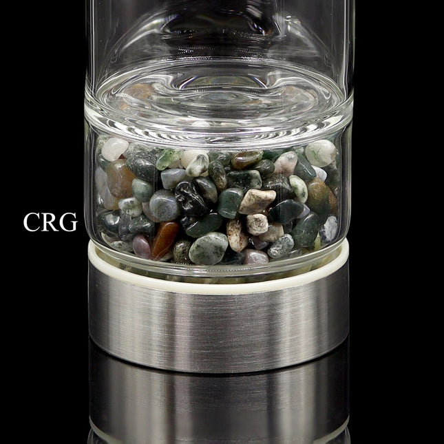 QTY 1 - Metal & Glass Water Bottle / Moss Agate Gemstones - Crystal River Gems