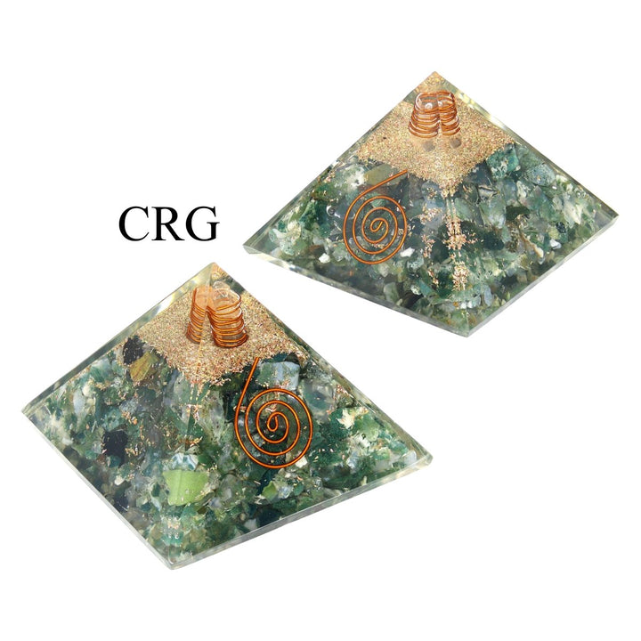 QTY 1 - Moss Agate Chip Orgonite Pyramid with Copper / 3" AVG