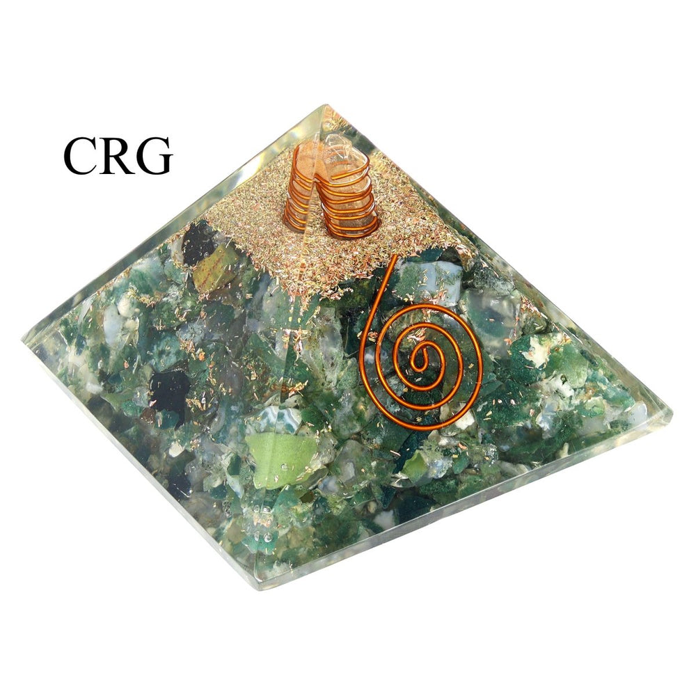 QTY 1 - Moss Agate Chip Orgonite Pyramid with Copper / 3" AVG