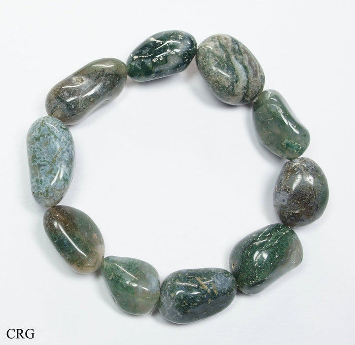 QTY 1 - Moss Agate Tumbled Bead Stretch Bracelet / 10 - 15mm AVGCrystal River Gems