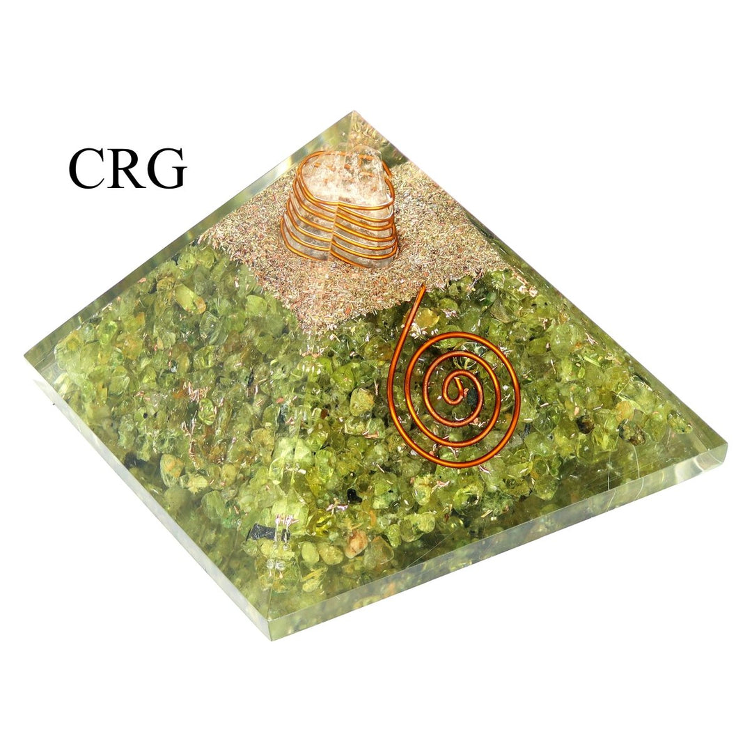 QTY 1 - Peridot Chip Orgonite Pyramid with Copper / 3" AVG