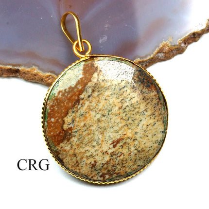 QTY 1 - Picture Jasper Faceted Round Pendant with Gold Plating / 1.5" AVG - Crystal River Gems
