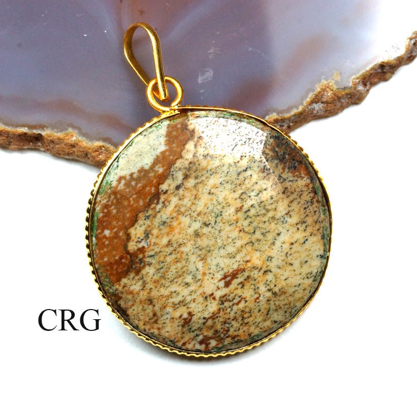 QTY 1 - Picture Jasper Faceted Round Pendant with Gold Plating / 1.5" AVG
