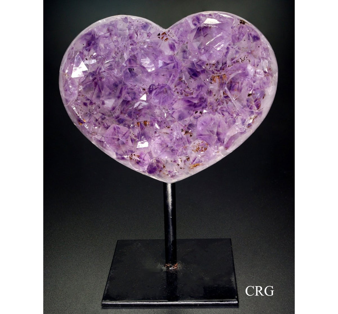 QTY 1 - Polished Amethyst Druzy Heart on Metal Stand / 500-1000g AVG
