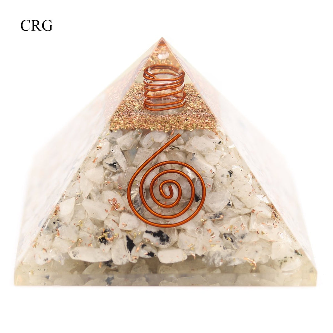 QTY 1 - Rainbow Moonstone Chip Orgonite Pyramid with Copper / 3" Avg