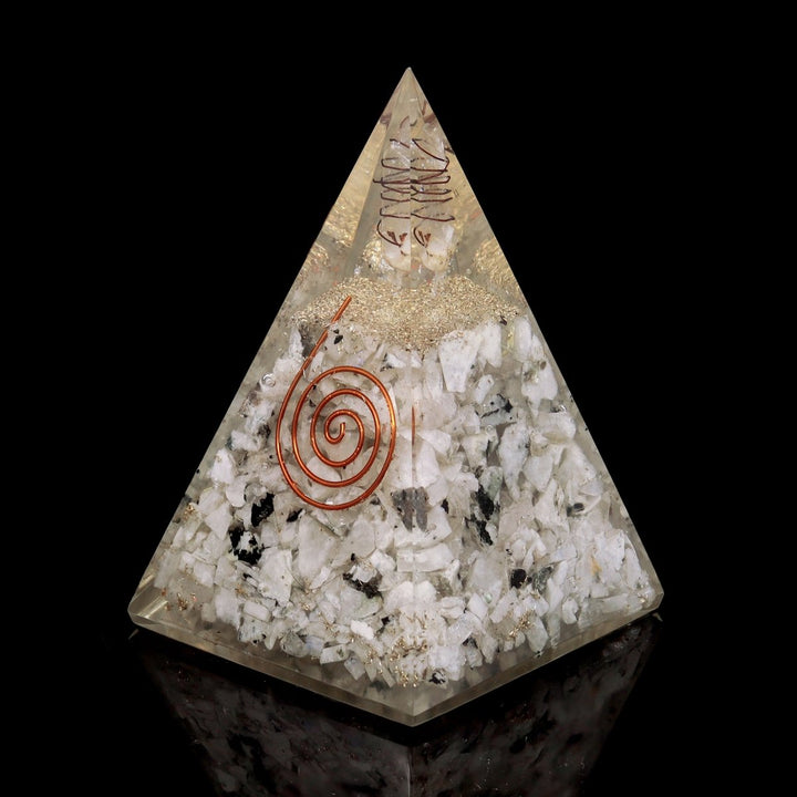 QTY 1 - Rainbow Moonstone Orgonite Pyramid with Copper / 5" AVG