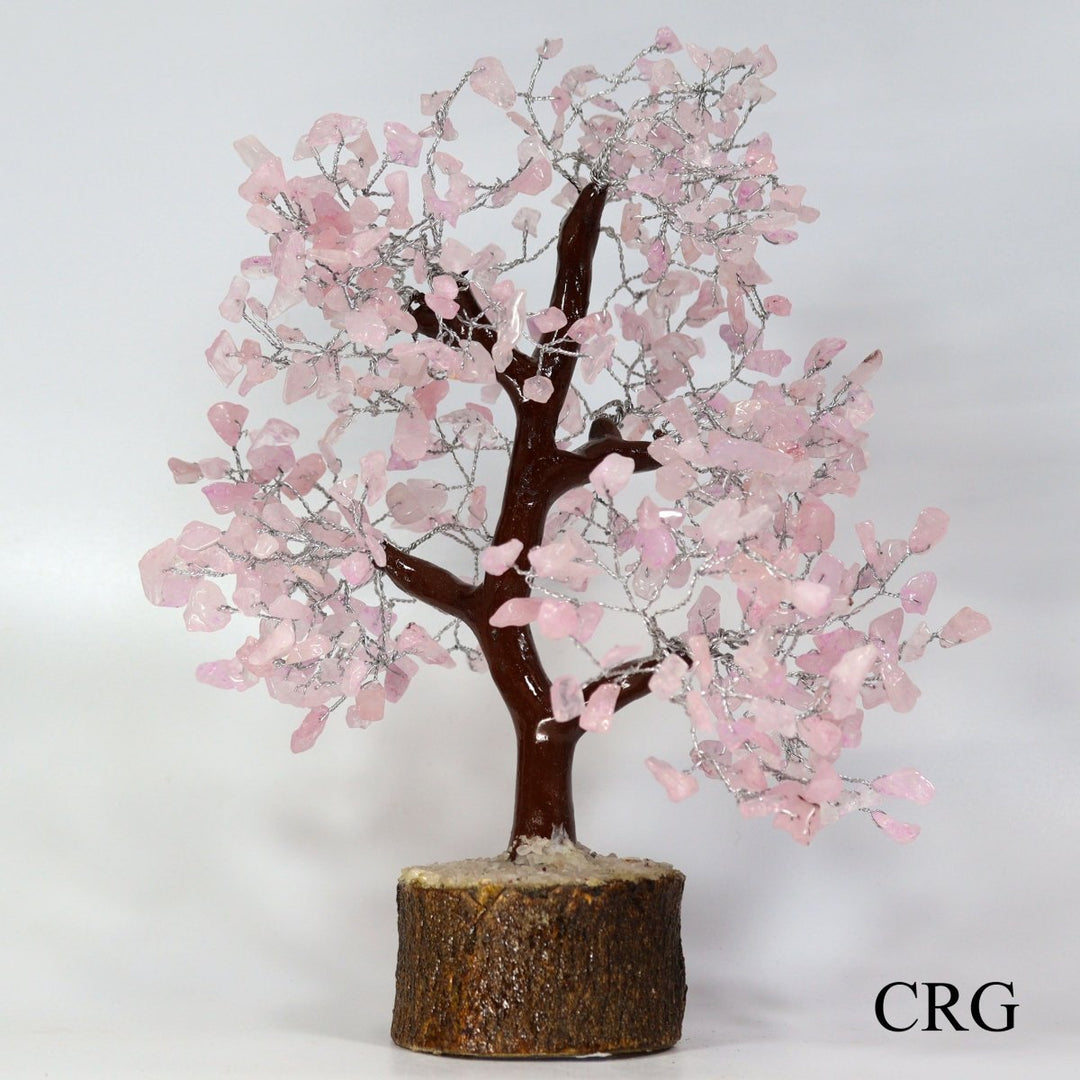 QTY 1 - Rose Quartz 500 Gemstone Chip Tree on Wood Base with Silver Wire / 12 - 13" AVGCrystal River Gems